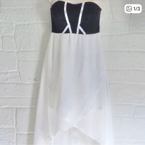 Black White Strapless Contrast Chiffon Dress High Low Resort Wedding Guest S